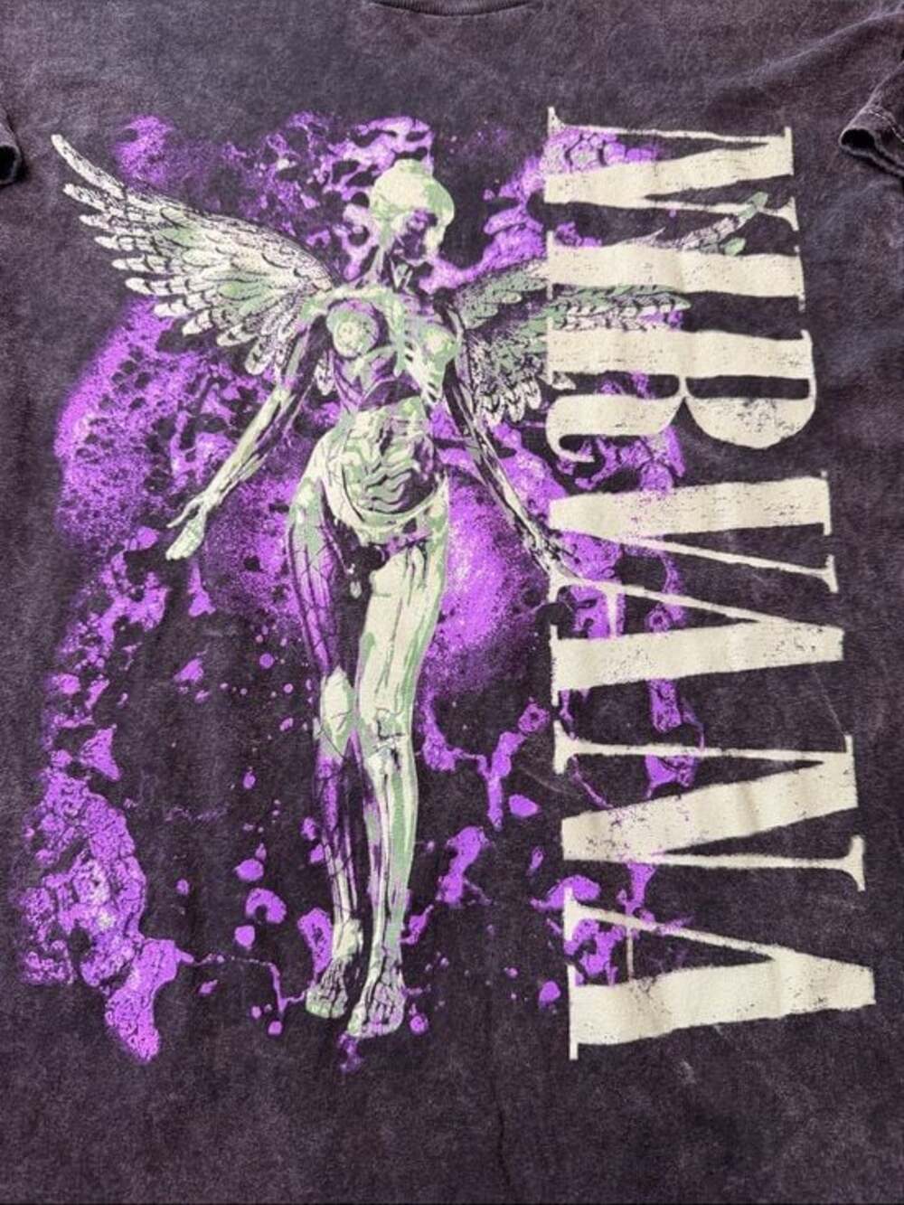 NIRVANA In Utero Acid Wash Black Tee with Purple & Lime Angel Graphic - Picture 2 of 7